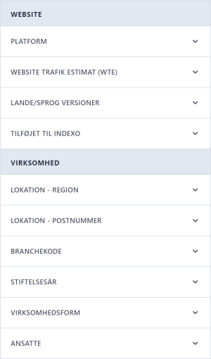 Website- og virksomhedsfiltre i Indexo